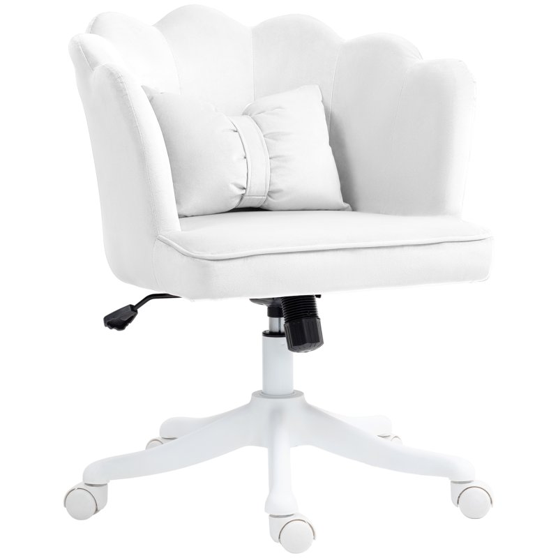 HOMCOM Computer Desk Chair, Armless Makeup Vanity Chair with Shell Back, Bow Pillow, Height Adjustable, Swivel Wheels for Home, Bedroom, White