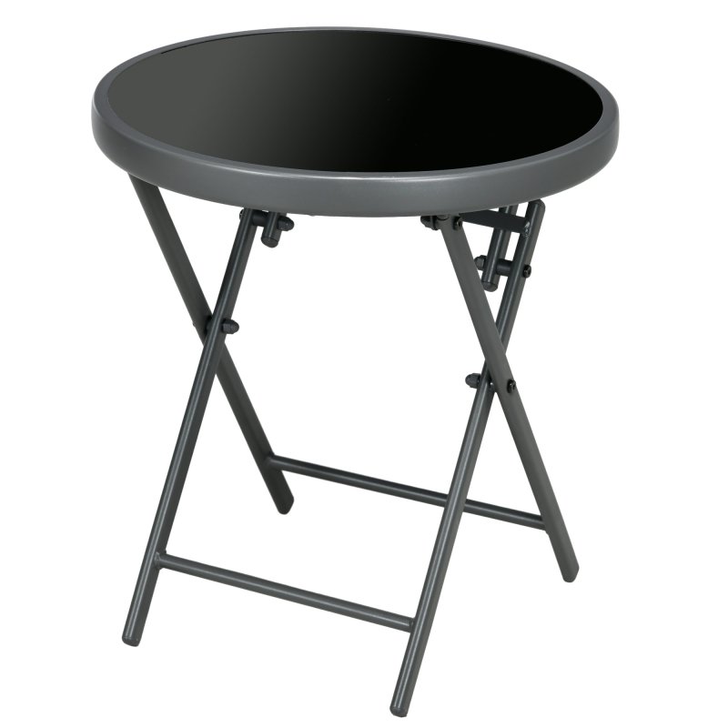Outsunny ??45cm Garden Side Table, Outdoor Round Folding Patio Table with Imitation Marble Glass Top, Small Coffee Table, Black