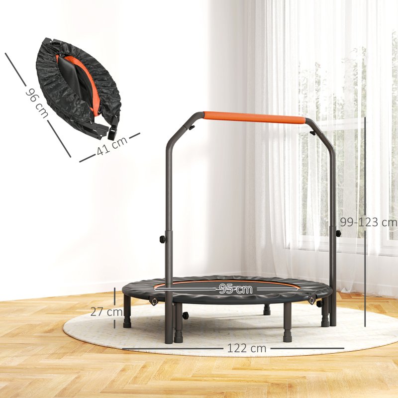 HOMCOM 48" Foldable Mini Trampoline Fitness Trampoline Rebounder for Adults with Adjustable Foam Handle, for Indoors, Outdoors, Cardio Training, Orange