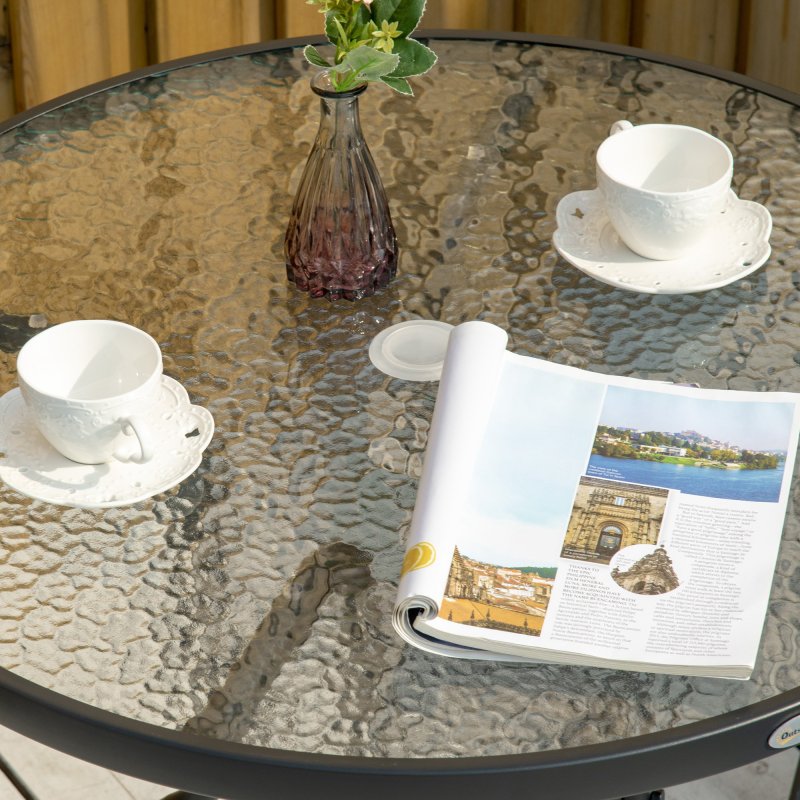 Outsunny 80 cm Round Dining Table with Parasol Hole, Outdoor Coffee End Side Table with Tempered Glass Top, Steel Frame for Garden, Black