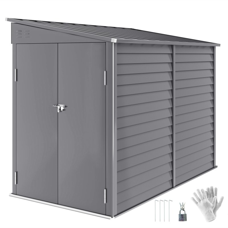 Outsunny 5 x 9ft Galvanised Metal Garden Shed with Foundation Kit, Outdoor Lean-to Shed, Tool Storage House with Lockable Doors, Gloves and 2 Air Vents for Patio, Garden, Grey