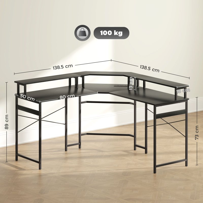 HOMCOM L Shaped Desk with Power Outlets and LED Lights, Corner Computer Desk with Monitor Stand, Gaming Desk for Home Office, Black