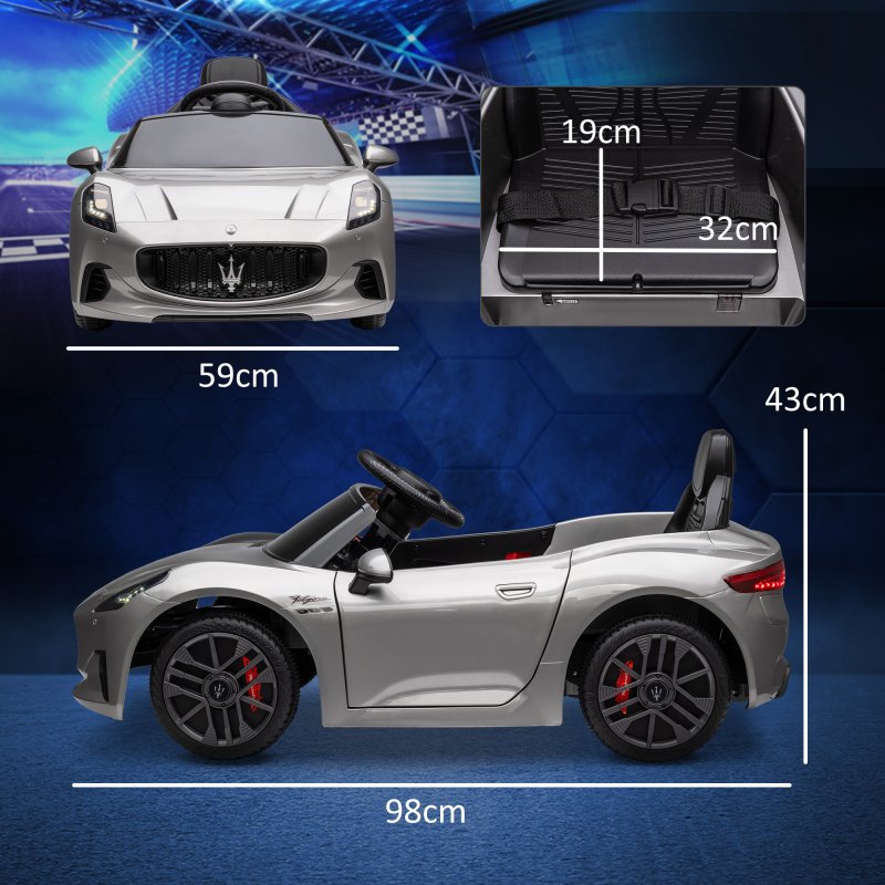 AIYAPLAY Maserati Licensed Electric Car for Kids, 12V Kids Electric Car with Remote Control, LED Light, MP3, Music, Soft Start, Horn, Ride on Car for 3-5 Years, Grey