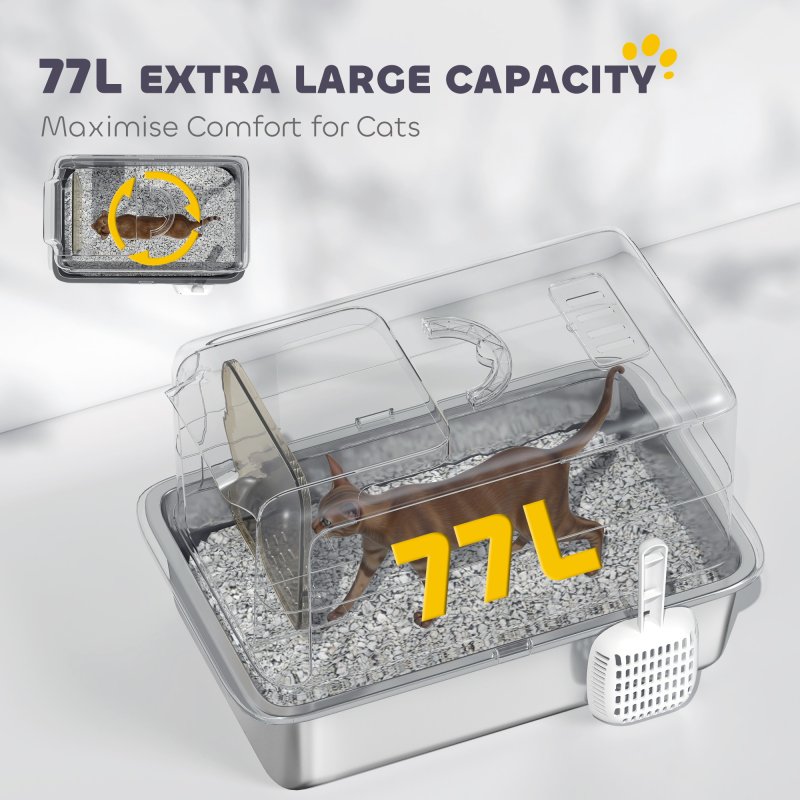 PawHut Stainless Steel Cat Litter Box, Extra Large Metal Cat Litter Tray with Lid, Scoop, Filter Bags, Grey