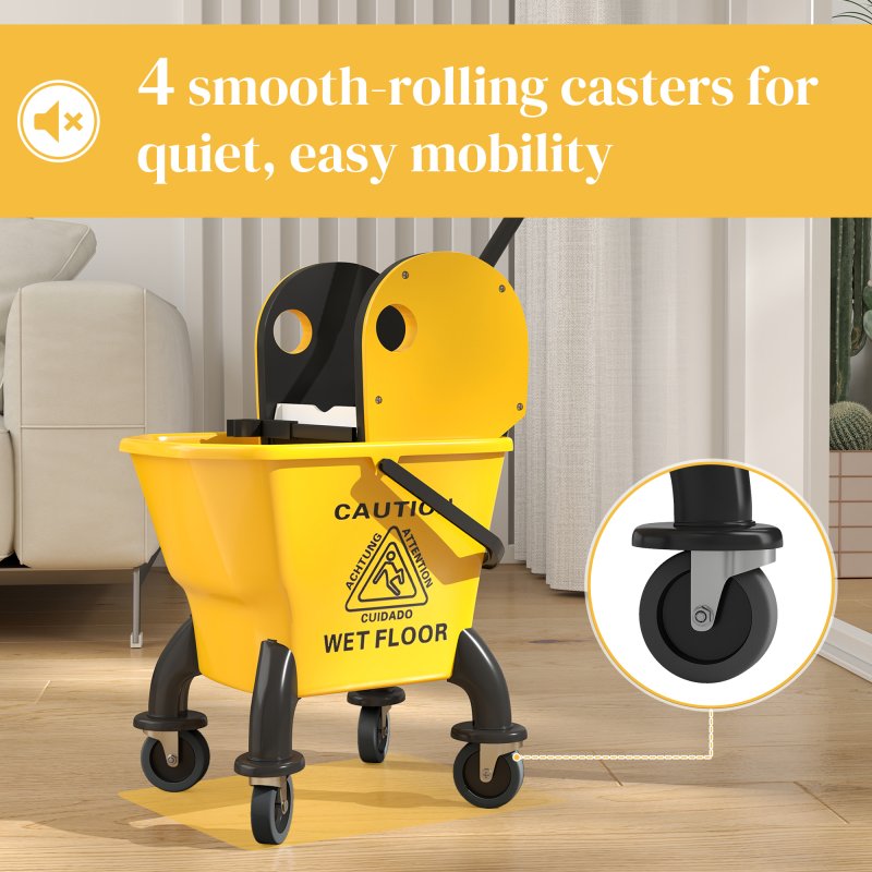 HOMCOM Mop Bucket with Wringer Set on Wheels for Floor Cleaning, 26 Litre Down Press Wringer with Handle and Mop, Yellow