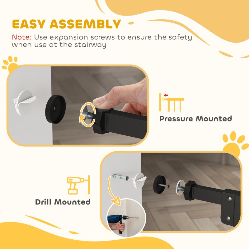 PawHut Dog Gate Stair Gate Pressure Fit Pets Barrier Auto Close for Doorway Hallway, 74-100cm Wide Adjustable, Black