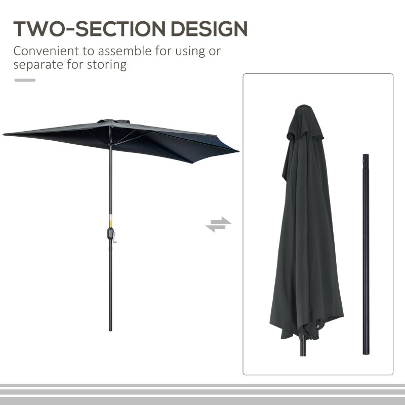 Outsunny 3(m) Half Parasol, Semi Round Umbrella with Metal Frame, Crank Handle for Balcony, Garden, Black
