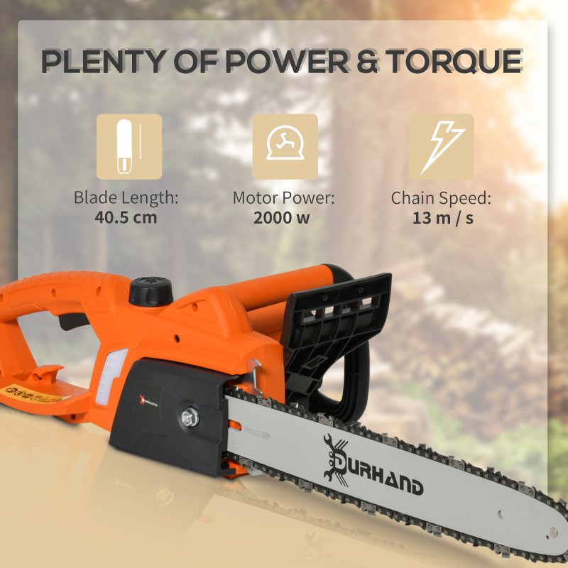 DURHAND Aluminium Chainsaw with Double Brake Protection and Blade Cover, 2000 W, 40 cm, for Wood, Trees and Branches, Orange