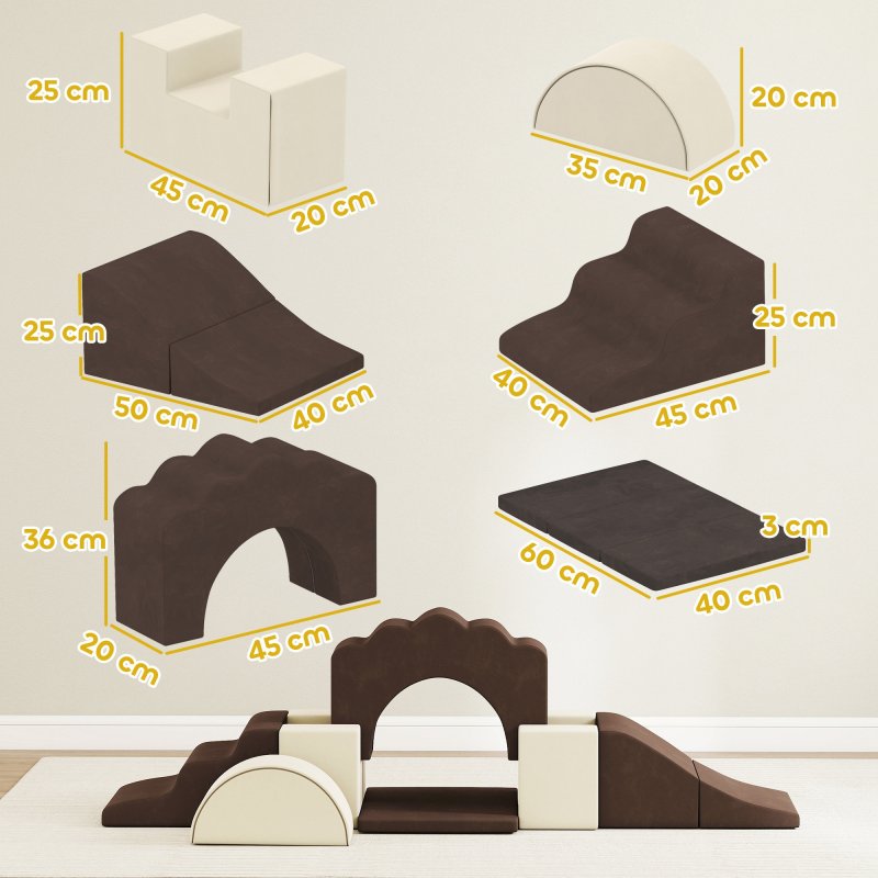 AIYAPLAY Kids Soft Play Set, 7 Piece Foam Climbing Blocks with Detachable Cover, Baby Indoor Climb and Crawl Foam Play Set for Toddlers, Preschoolers, Brown