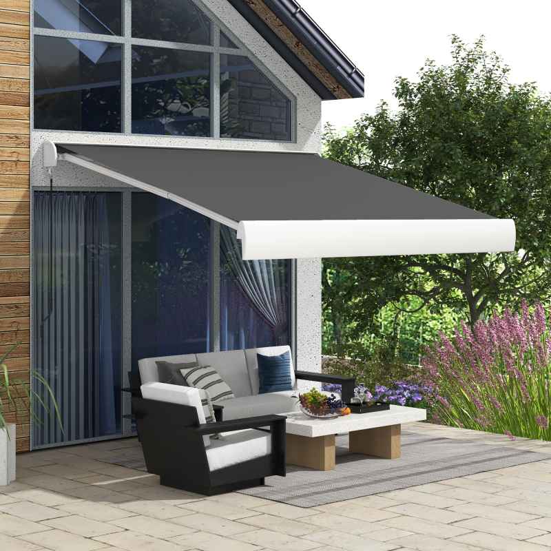 Outsunny 3 x 2.5m Electric or Manual Retractable Awning, Half Cassette, with Remote Controller, Manual Crank Handle and Aluminium Frame, Sun Canopies for Patio Deck Door Window, Grey