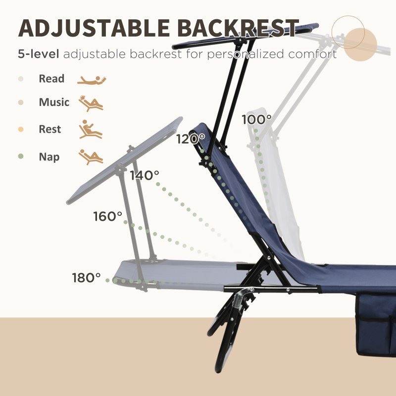 Outsunny 2 Piece Folding Sun Loungers with Canopy, Adjustable Recliner Garden Chairs with Side Pocket, Steel Frame and Breathable Mesh for Outdoor, Pool, Beach, Garden, Dark Blue