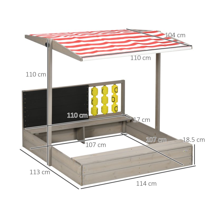 Outsunny Kids Wooden Sand Pit, Children Sandbox w/ Non-Woven Fabric, Two Seats, Canopy, for Gardens, Playgrounds - Grey