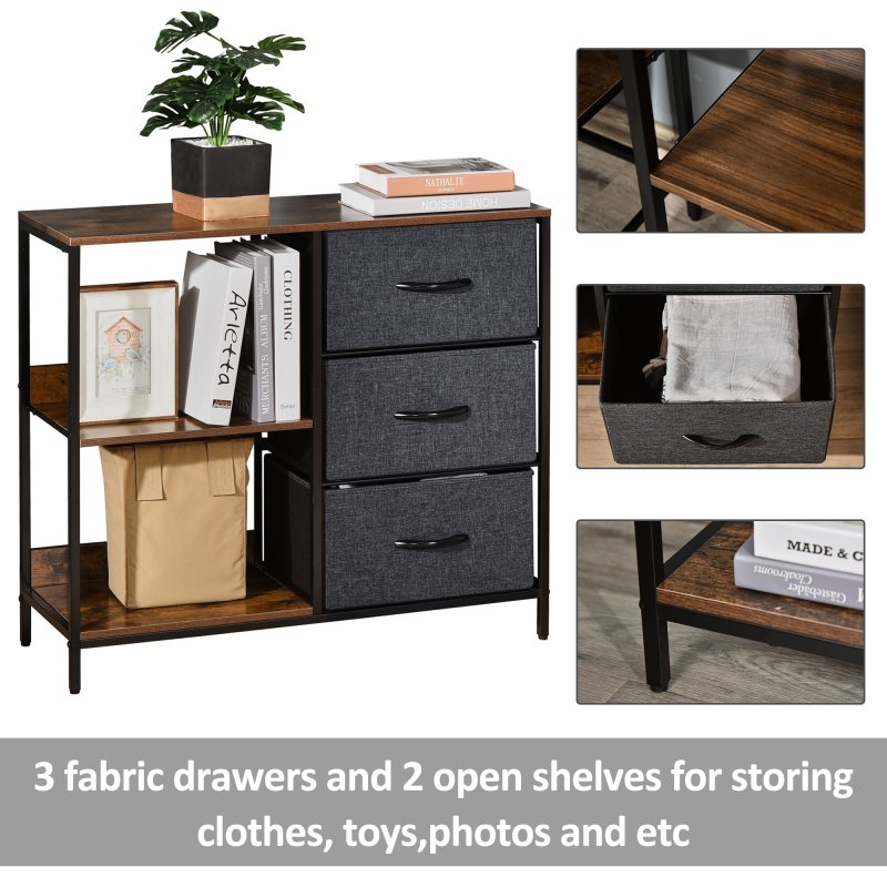 HOMCOM Chest of Drawers Storage  Dresser Cabinet Organizer with 3 Fabric Drawers and 2 Display Shelves for Living Room, Bedroom, Hallway