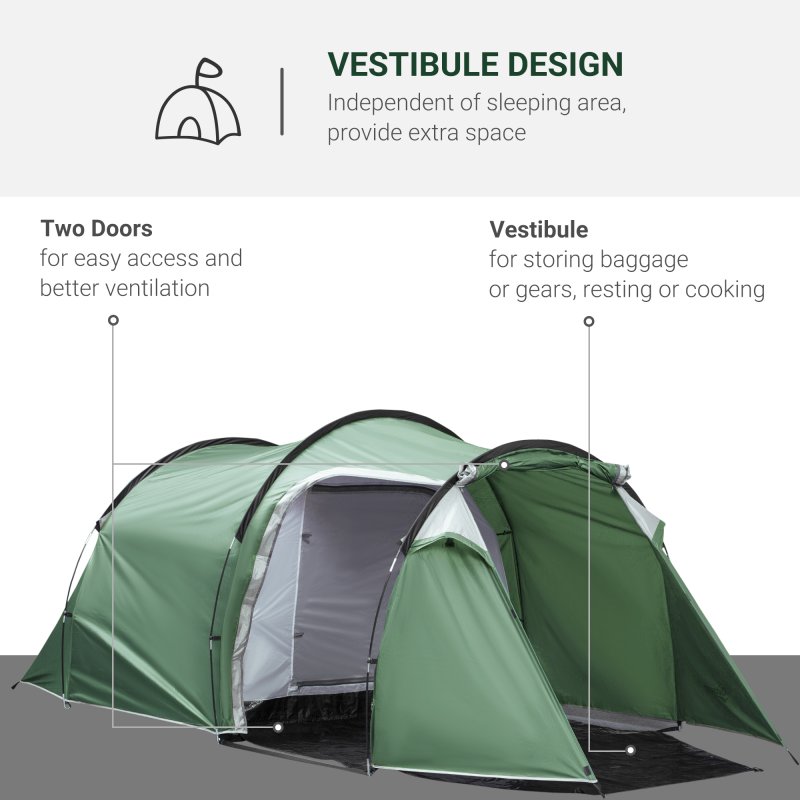Outsunny 2-3 Person Tunnel Tent with Sewn-in Groundsheet, Air Vents, Rainfly, 2000mm Water Column, Camping Tent with 1 Bedroom, Inbuilt Porch, Living Area for Camping, Hiking, Green