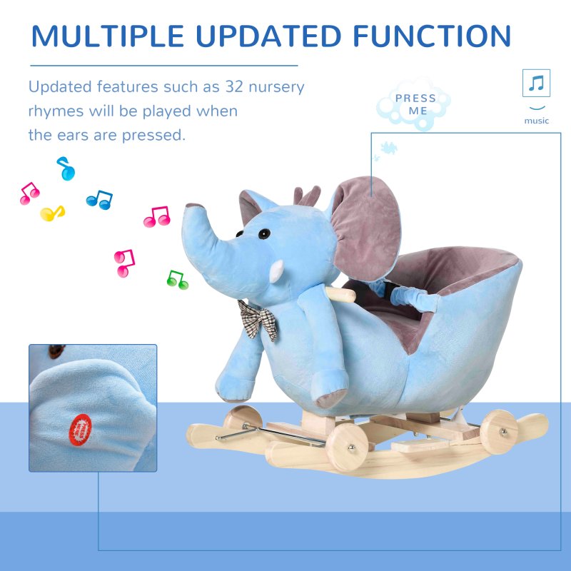 HOMCOM 2 In 1 Plush Baby Ride on Rocking Horse Elephant Rocker with Wheels Wooden Toy for Kids 32 Songs for 18+ Months (Blue)