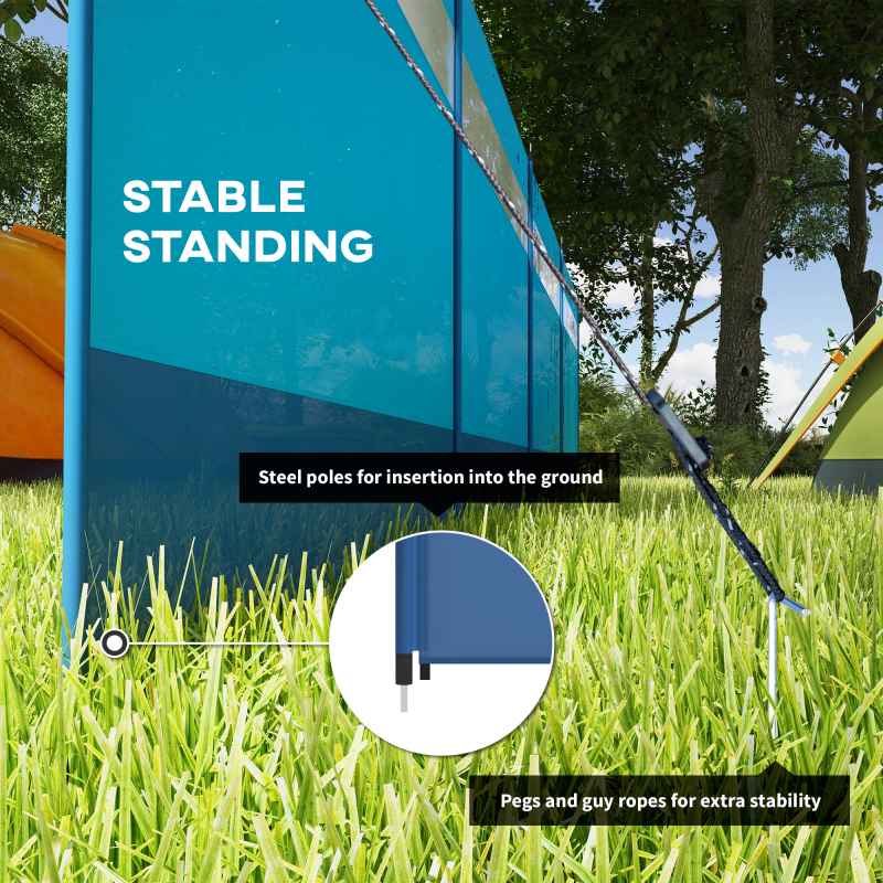 Outsunny Camping Windbreak, 5 Pole Windbreaker Blocker with Clear Windows, Carry Bag and Steel Poles, for Beach Caravan Campervan, 725 x 140cm, Blue