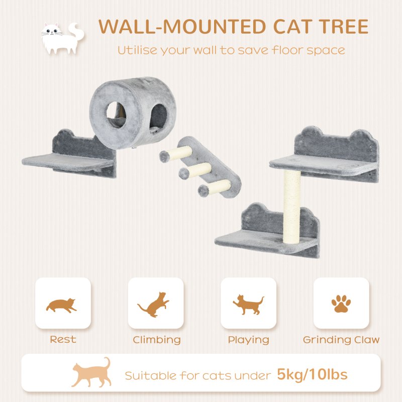 PawHut 4PCs Wall Mounted Cat Tree, Cat Wall Furniture with Platforms, Steps, Scratching Post, Perch, Cat House for Indoor Cats - Grey