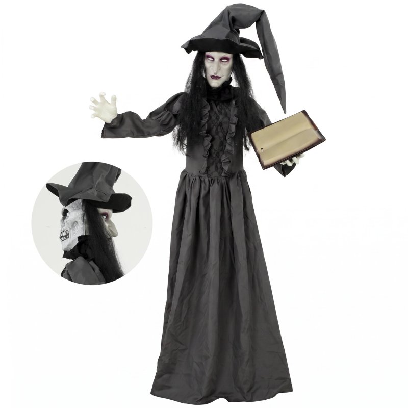 HOMCOM 180cm Life Size Animated Witch Halloween Decorations Outdoor Indoor, Scary Halloween Animatronics Decor with Sound Touch Activated, Animated Prop with Light Up Eyes for House Garden