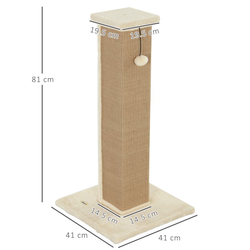 PawHut Cat Scratching Post for Indoor Cats, 81cm Cat Scratcher, Vertical Full Scratcher with Natural Jute Rope, Hanging Ball and Soft Plush, Beige