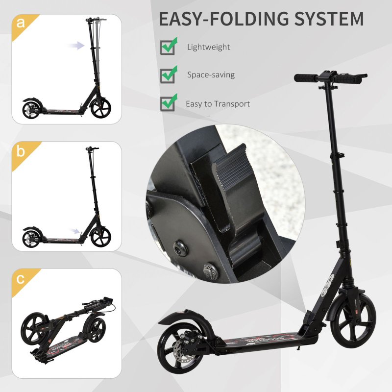HOMCOM Kick Scooter, Folding 2 Wheel Scooter for 14+ Teens Adults, with Dual Brake System, Dual Suspension, 230mm Big Wheels, 3 Adjustable Handlebar, up to 100KG, Black