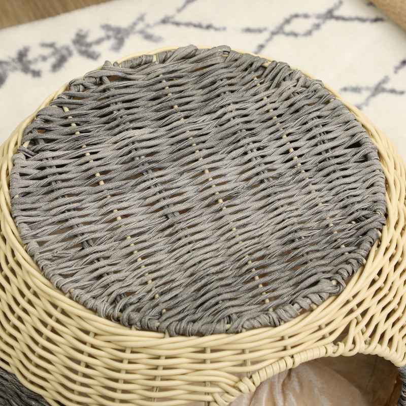 PawHut Wicker Cat House, Rattan Raised Cat Bed, Cosy Kitten Cave with Soft Washable Cushion, 40 x 30cm