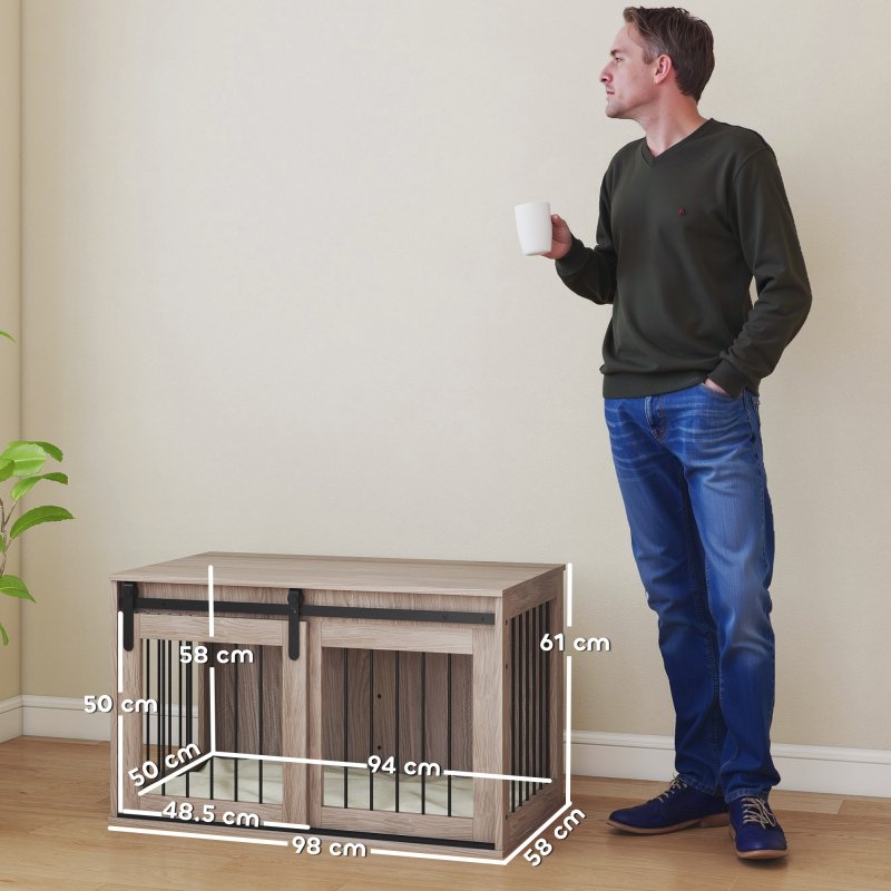 PawHut Dog Crate Furniture, Dog House Furniture Style for Large Breeds, Pet Kennel with Removable Cushion for Indoor Use, 98 x 58 x 61cm, Brown