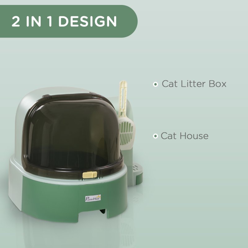 PawHut Cat Litter Box, 2 in 1 Hooded Cat litter Tray Cat House with Scoop, Drawer Pans, Openable Cover, Green