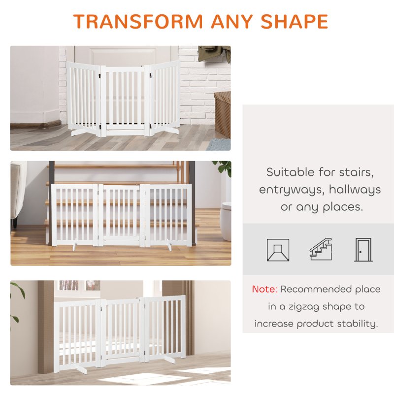 PawHut Freestanding Dog Gate, Foldable Pet Fence, Indoor Barrier, Stair Gate with Support Feet, 155 x 76 cm, White