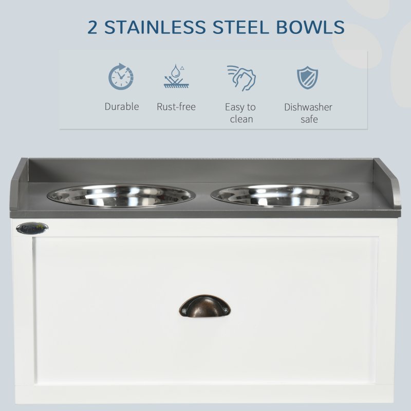 PawHut Stainless Steel Raised Dog Bowls, Double Dog Food and Water Bowl w/ 21L Storage Drawer, for Large Dogs - White