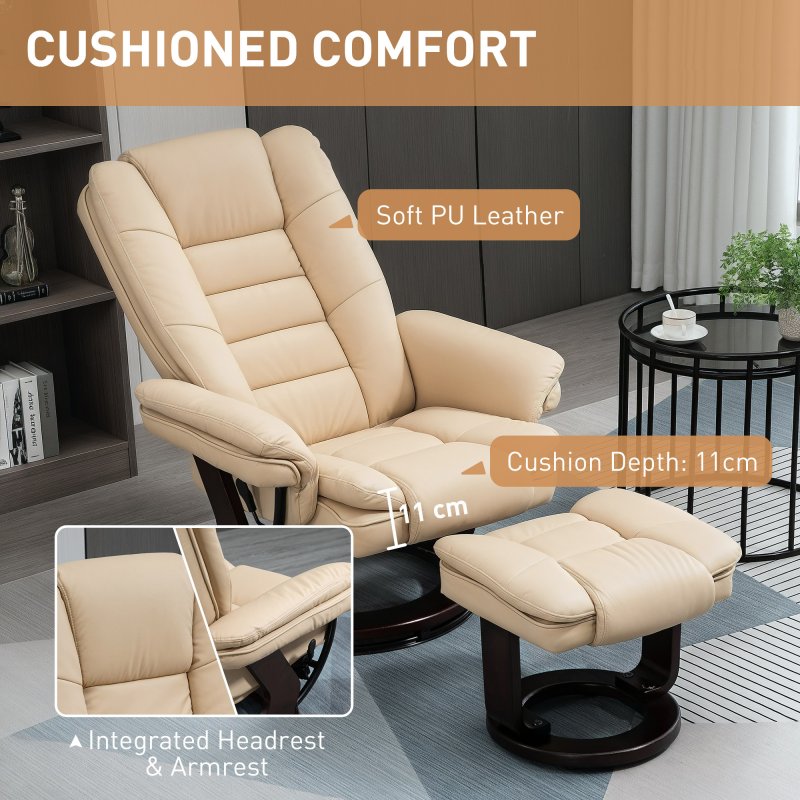 HOMCOM Recliner Chair With footstool, Recliner Armchair up to 130kg Weight Capacity, 135 Reclining Swivel Sofa Chair, PU Leather Ergonomic Couch Bed with Swivel Wood Base for Living Room, Beige