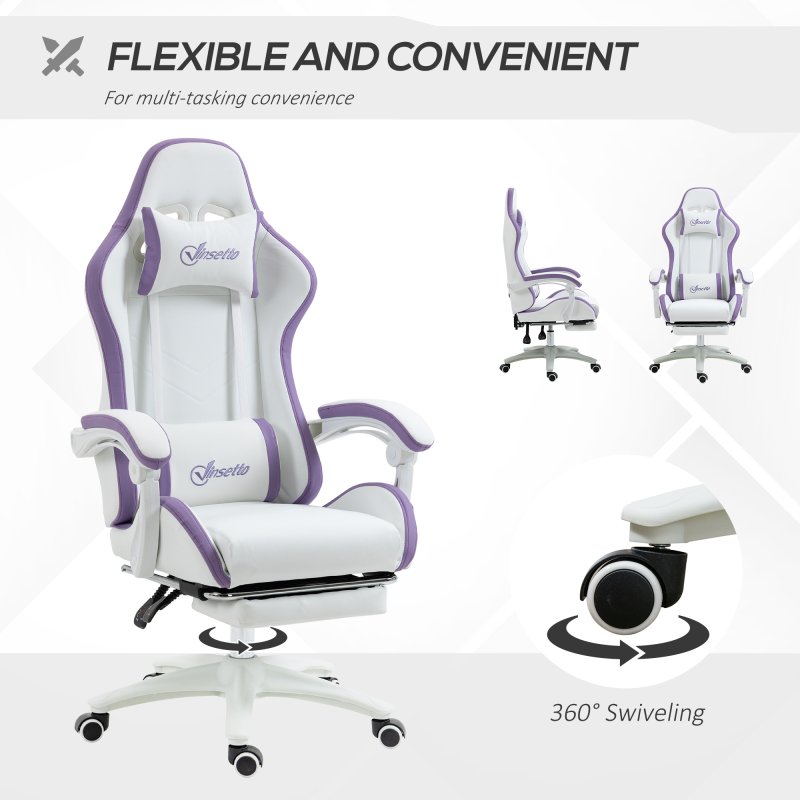 Vinsetto Computer Gaming Chair, PU Leather Office Desk Chair with Footrest, Swivel Wheels, 135?? Reclining Back, Lumbar Support, Headrest for Home, White and Purple