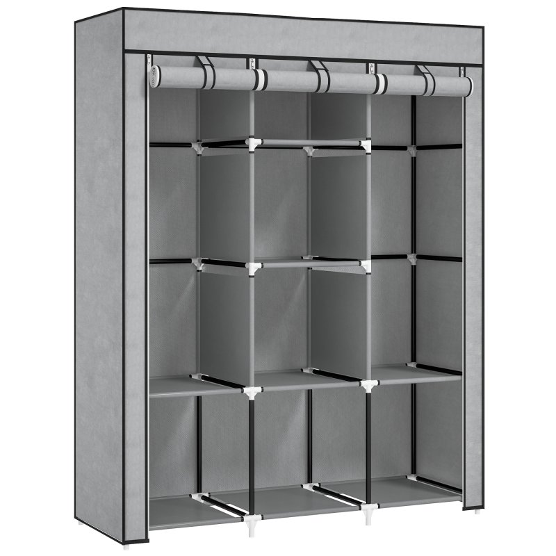 HOMCOM Fabric Wardrobe, Portable Wardrobe, Clothes Storage Unit with 8 Shelves, 2 Hanging Rods, 125 x 43 x 162.5 cm, Light Grey