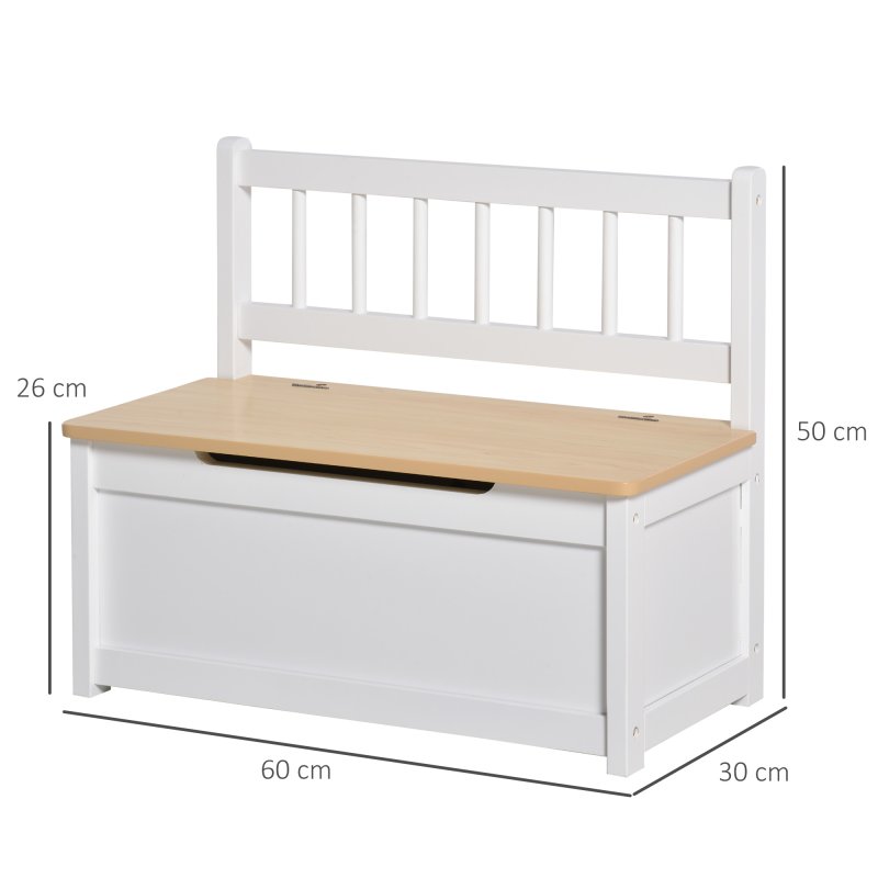 HOMCOM 2 In 1 Wooden Toy Box, Kids Seat Bench Storage Chest Cabinet Organiser w/ Safety Pneumatic Rod, 60 x 30 x 50cm - White