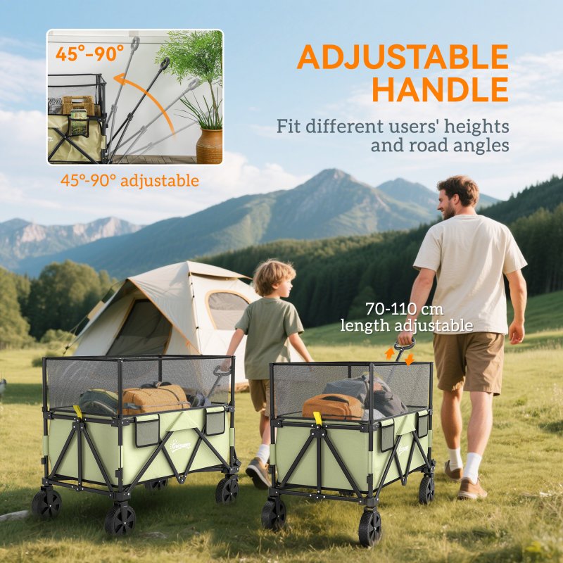 Outsunny 180L Festival Trolley on Wheels, Folding Camping Trolley Cart with Extendable Side Walls and Telescopic Handle, for Garden Beach Fishing, Light Green