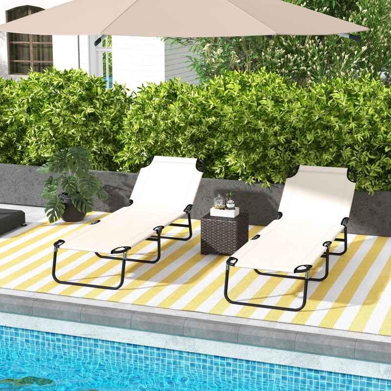 Outsunny Foldable Sun Lounger Set of 2 with 5-Position Adjustable Backrest, Outdoor Portable Recliner Chaise Lounge Chair with Breathable Mesh Fabric, Cream White