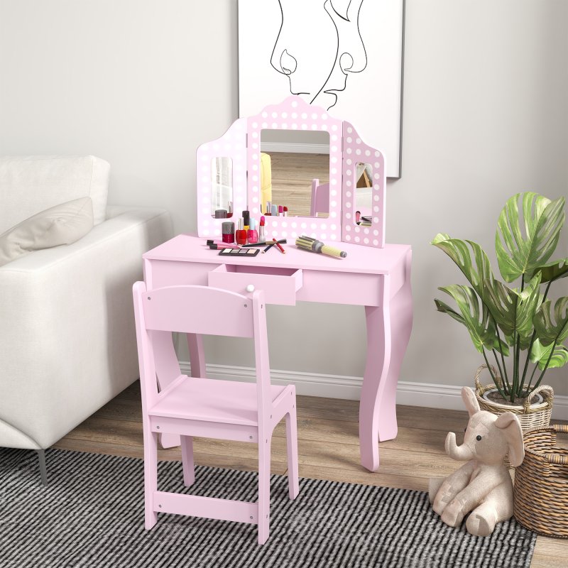 AIYAPLAY Kids Dressing Table with Tri-Fold Mirror and Stool, Kids Vanity Table, Girls Make up Desk with Drawer, for Aged 3-8 Years Old - Pink