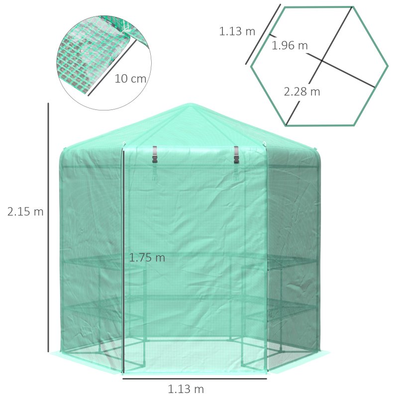 Outsunny Hexagon Walk In Greenhouse with Shelves, Outdoor Green House Grow House with Waterproof PE Cover and Roll-up Door, 228 x 196 x 215 cm, Green