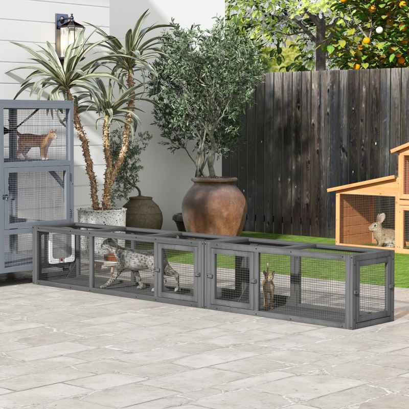 PawHut Wooden Cat Tunnel, Cat Play Tunnel 250cm Extra Long, with Eight Doors, L-Shape/Rectangle, for Cat, Rabbit, Puppy, Dark Grey