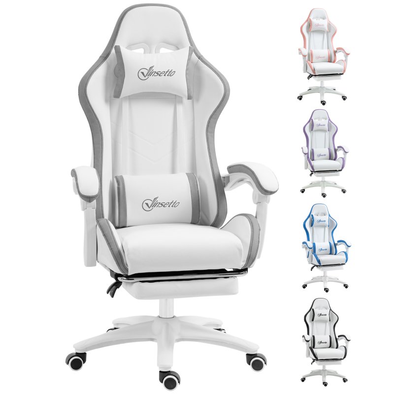 Vinsetto Computer Gaming Chair, PU Leather Office Desk Chair with Footrest, Swivel Wheels, 135?? Reclining Back, Lumbar Support, Headrest for Home, White and Grey