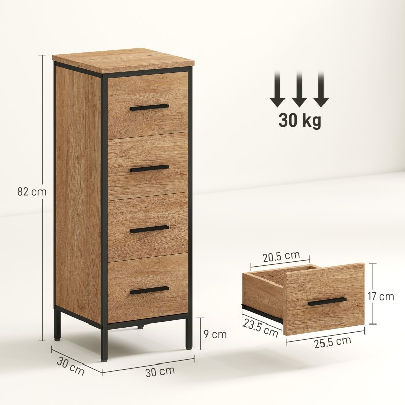 HOMCOM Narrow Bathroom Storage Cabinet, Industrial Slim Bathroom Storage Unit with 4 Drawers and Steel Frame for Small Spaces, 30 x 30 x 82 cm, Oak