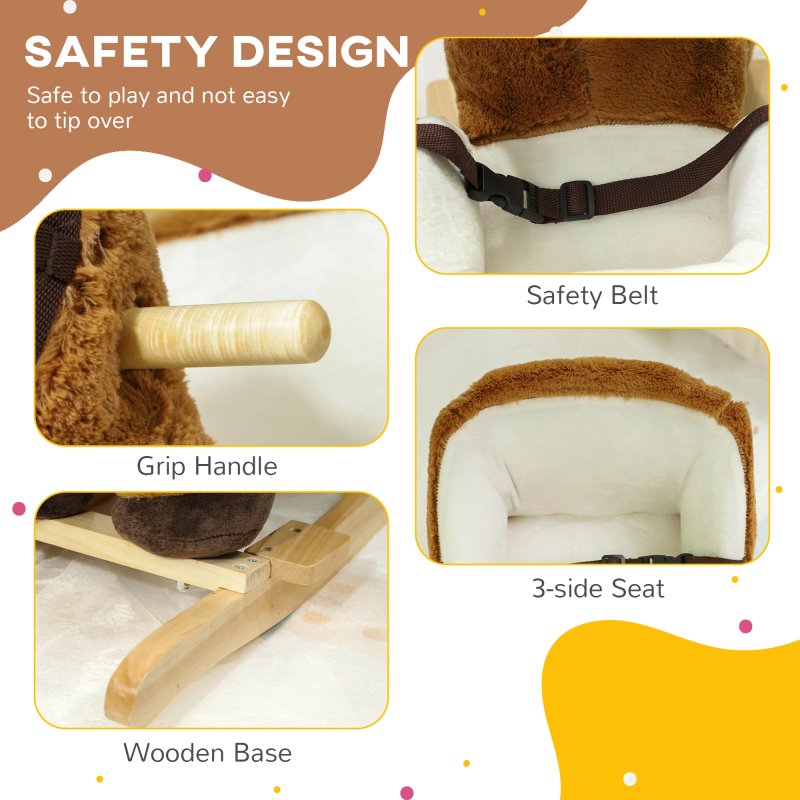 AIYAPLAY Kids Rocking Horse, Plush Ride on Horse, with Sound, Wood Base, Seat Safety Belt, for Ages 18-36 Months, Brown