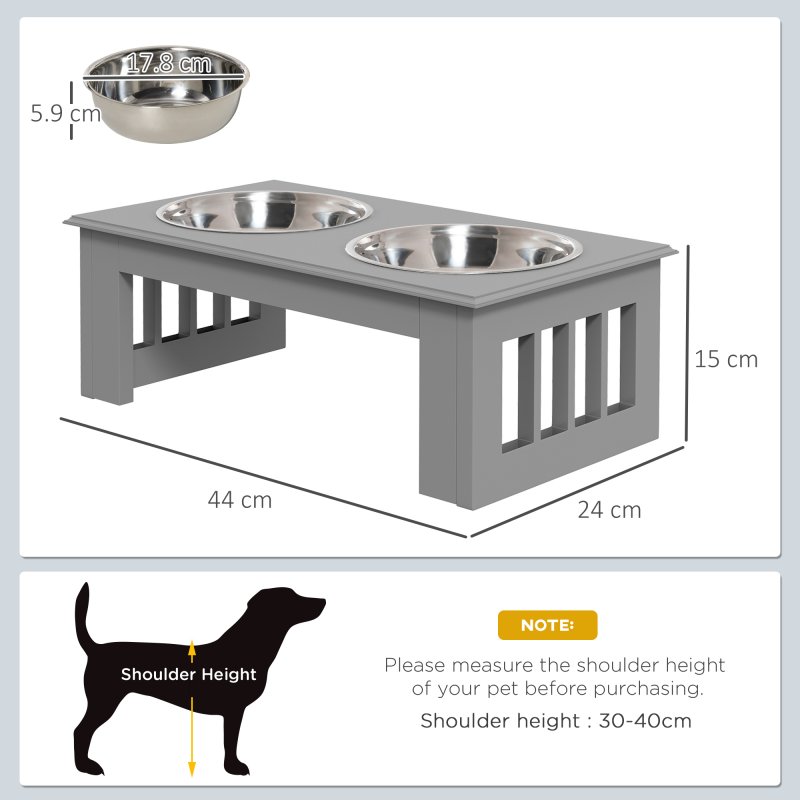 PawHut Raised Dog Bowl Feeding Bowls with Stand for Extra Small and Small Dogs Elevated Pet Bowls Water Food Feeder 44L x 24W x 15H cm - Grey