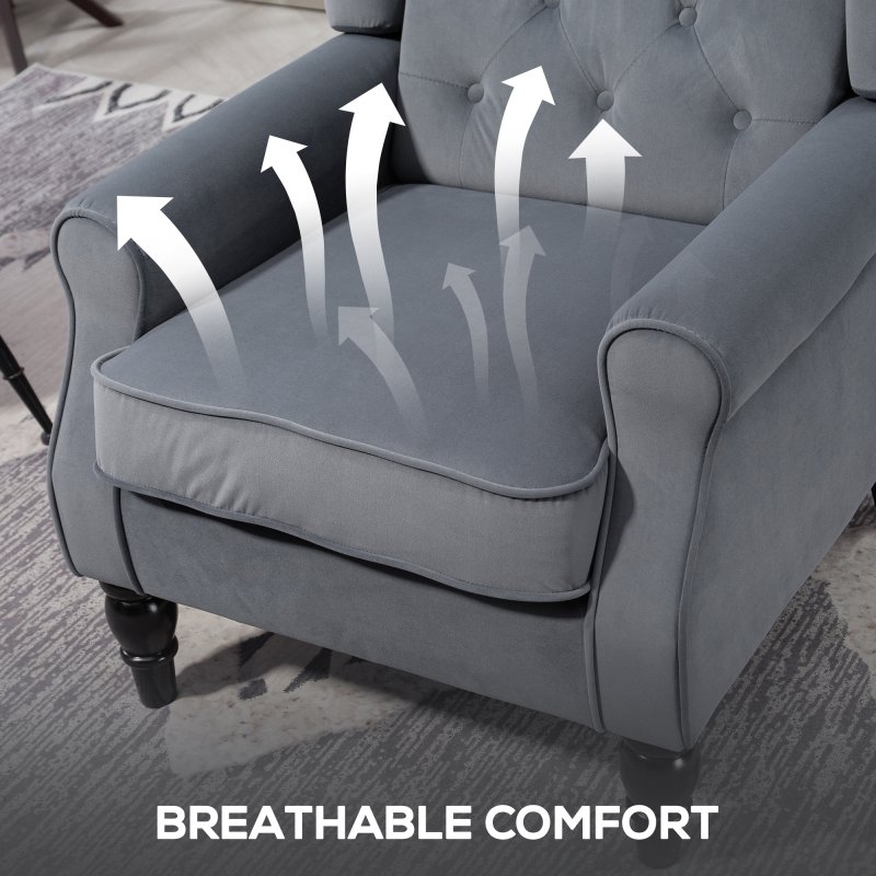 HOMCOM Retro Accent Chair, Velvet Wingback Armchair with Wood Frame Button Tufted Design for Living Room Bedroom, Grey