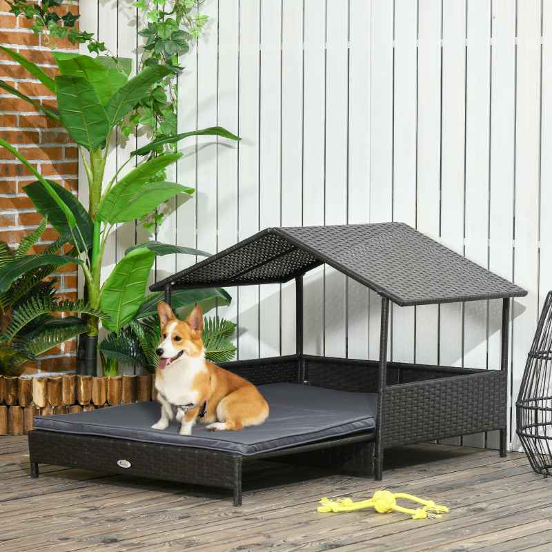 PawHut Rattan Dog House, Extendable Outdoor Wicker Dog Bed w/ Water-Resistant Roof, Removable Cushion, for Small and Medium Dogs - Grey