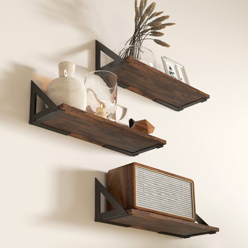 HOMCOM Set of 3 Wall Shelves, Vintage Wall Mounted Floating Shelves for Living Room, Entryway, Bedroom, Rustic Brown