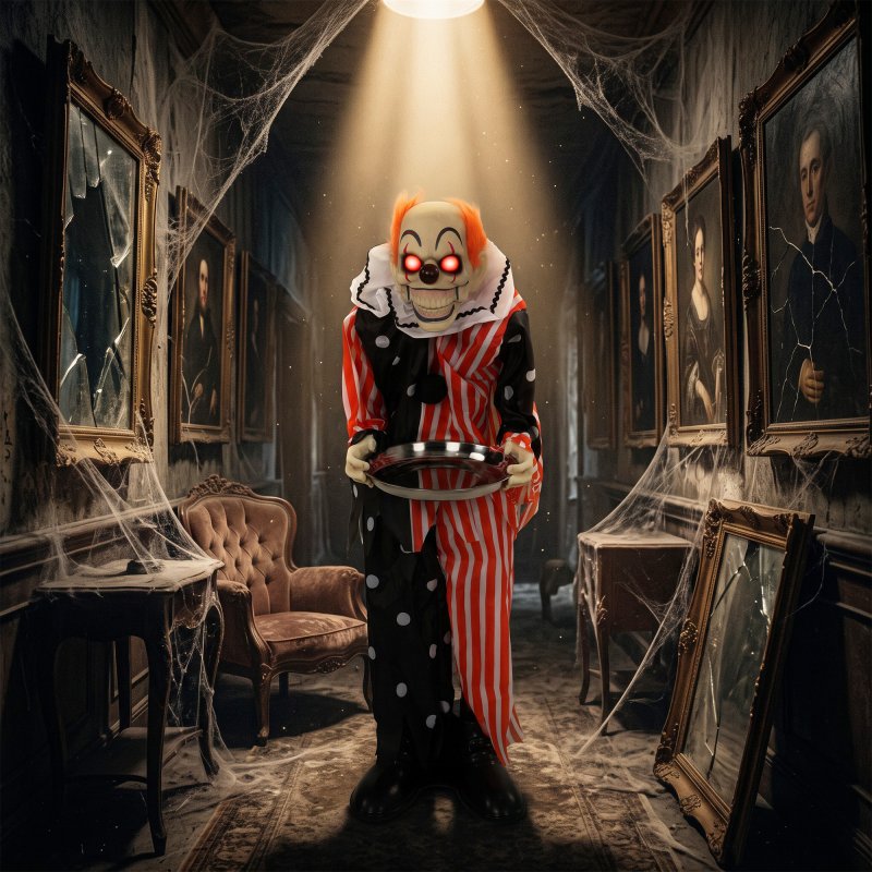 HOMCOM 36"/91 cm Animated Clown Halloween Decoration, Standing Halloween Animatronic with Sound and Touch Activation, Red Light-Up Eyes, Moving Mouth, Candy Tray