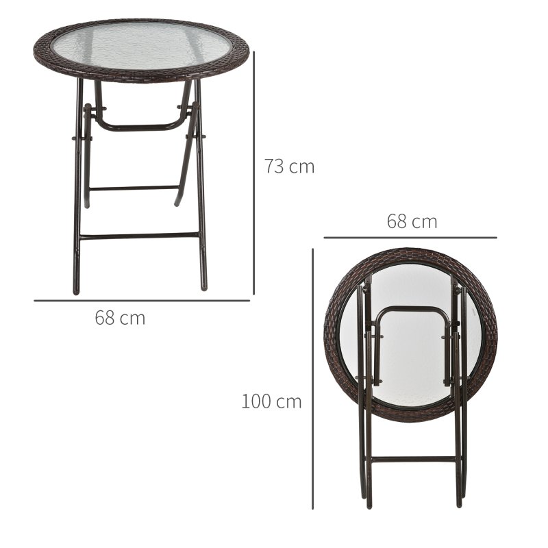 Outsunny Folding Rattan Garden Dining Table, 68 cm Round Rattan Garden Table with Water Ripple Tempered Glass Top, Wicker Edging  and Steel Frame for Outdoor, Patio, Brown