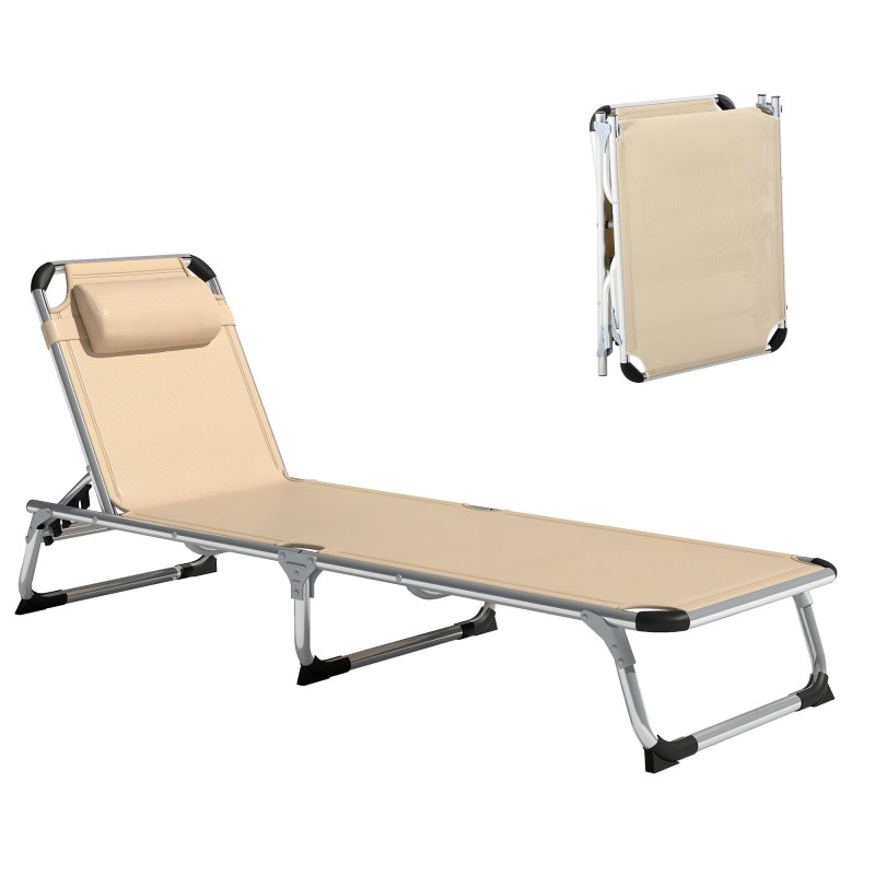 Outsunny Foldable Outdoor Sun Lounger, Reclining Lounge Chair Camping Bed Cot with Pillow 4-Level Adjustable Back Aluminium Frame, Khaki