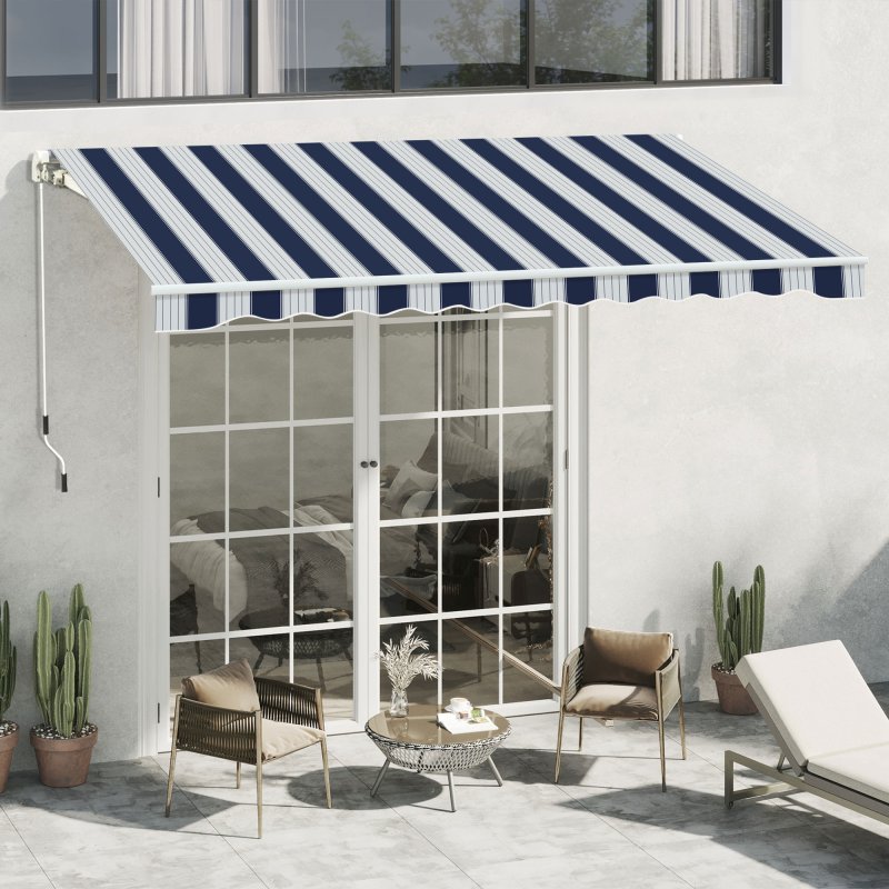 Outsunny 3m x 2.5m Garden Patio Manual Awning Canopy Sun Shade Shelter with Winding Handle Retractable Blue and White