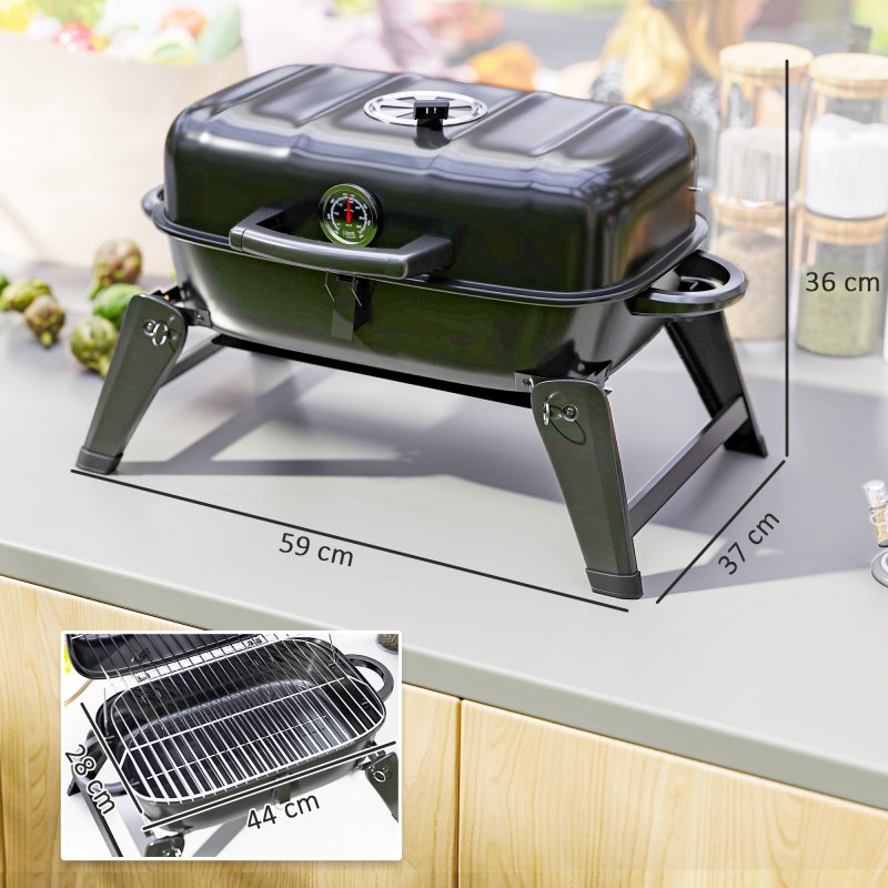 Outsunny Charcoal Barbecue Grill Folding BBQ Grill with 1232 cm? Cooking Area, Adjustable Vent, Thermometer, Handles for Camping Picnic, Black